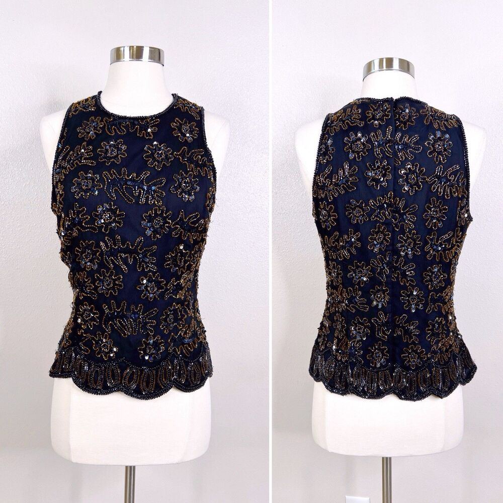 Vintage Beaded Sequin Black Silk Top Large Sleeveless Whimsigoth Glam Fairy Y2K